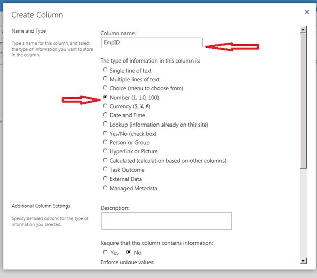 column name and select the data type 
